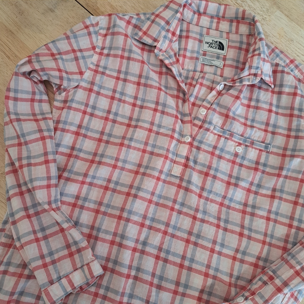 North Face Organic Cotton Plaid Long Sleeve Outdoor Pull Over Shirt S Pink Blue